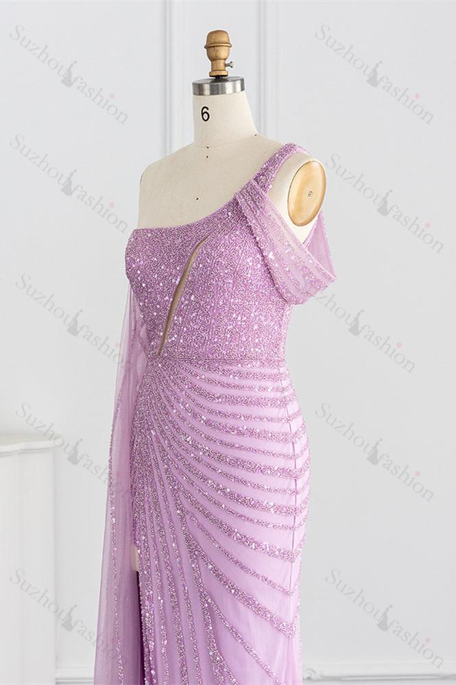 One Shoulder Prom Dress Mermaid Evening Formal Dress Split With Sequins