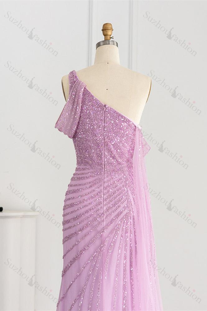 One Shoulder Prom Dress Mermaid Evening Formal Dress Split With Sequins