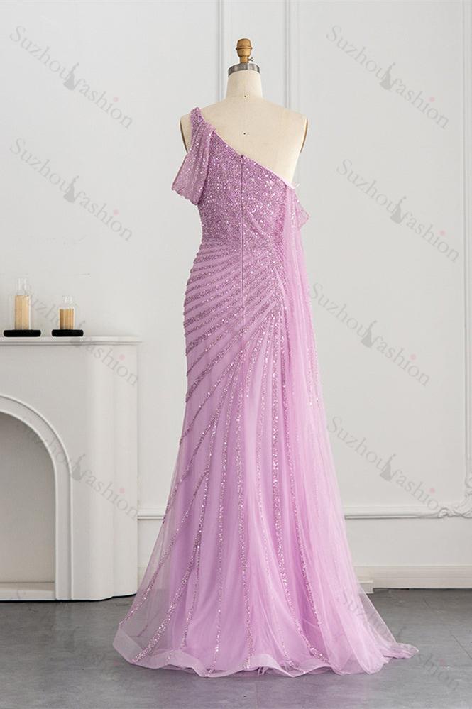 One Shoulder Prom Dress Mermaid Evening Formal Dress Split With Sequins