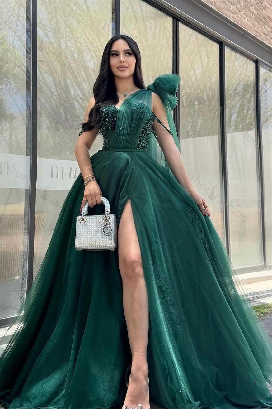 One Shoulder Prom Dress Sleeveless Long Split Tulle Evening Formal Dress With Beadings