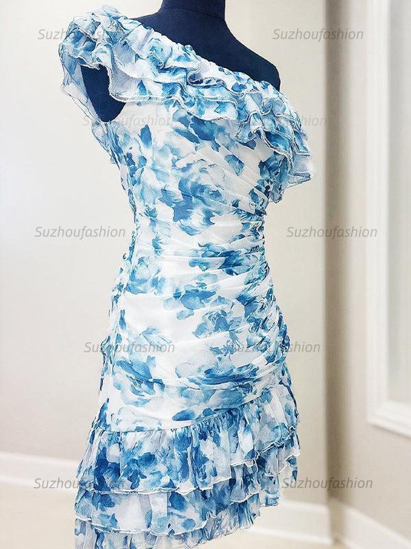 Suzhoufashion One Shoulder Ruffled Ruched Empire Floral Homecoming Dress