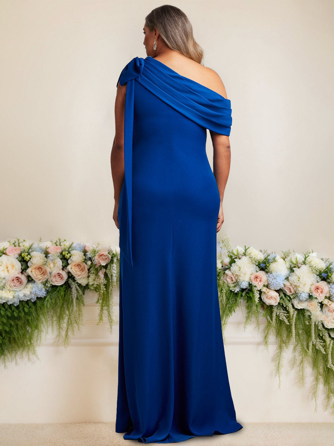One Shoulder Satin Long Plus Size Mother of the Bride Gown with Bow