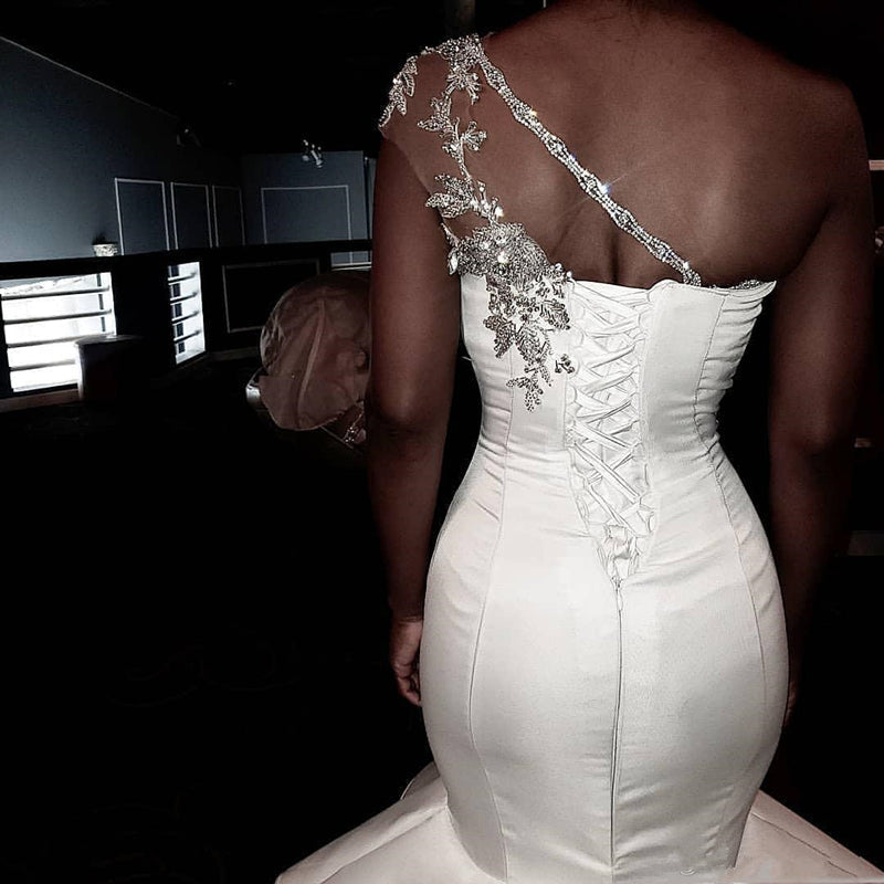 One Shoulder Sheer Tulle Wedding Dresses | Shiny Appliques Ruffles Bridal Gowns Online