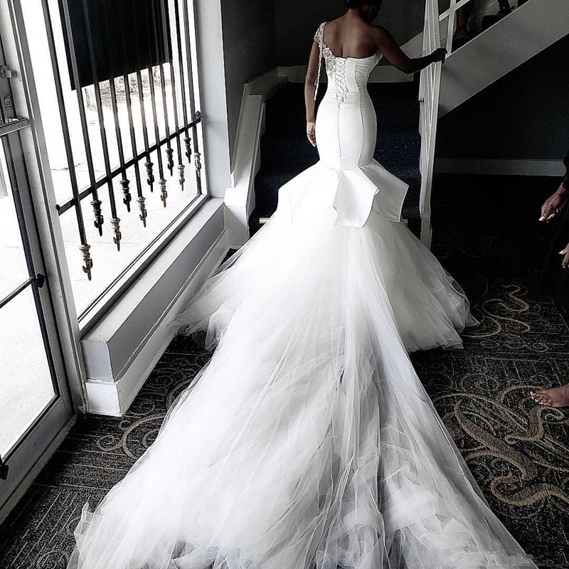 One Shoulder Sheer Tulle Wedding Dresses | Shiny Appliques Ruffles Bridal Gowns Online