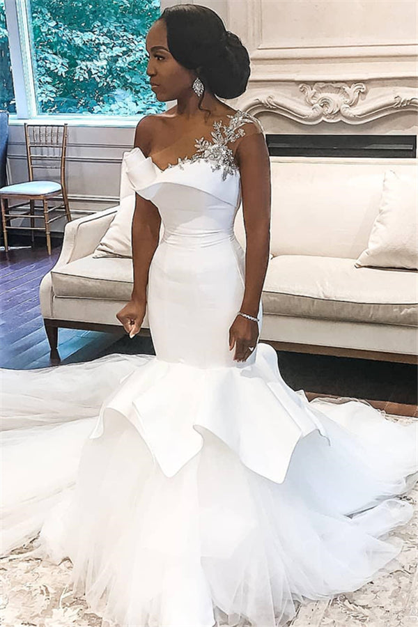 One Shoulder Sheer Tulle Wedding Dresses | Shiny Appliques Ruffles Bridal Gowns Online