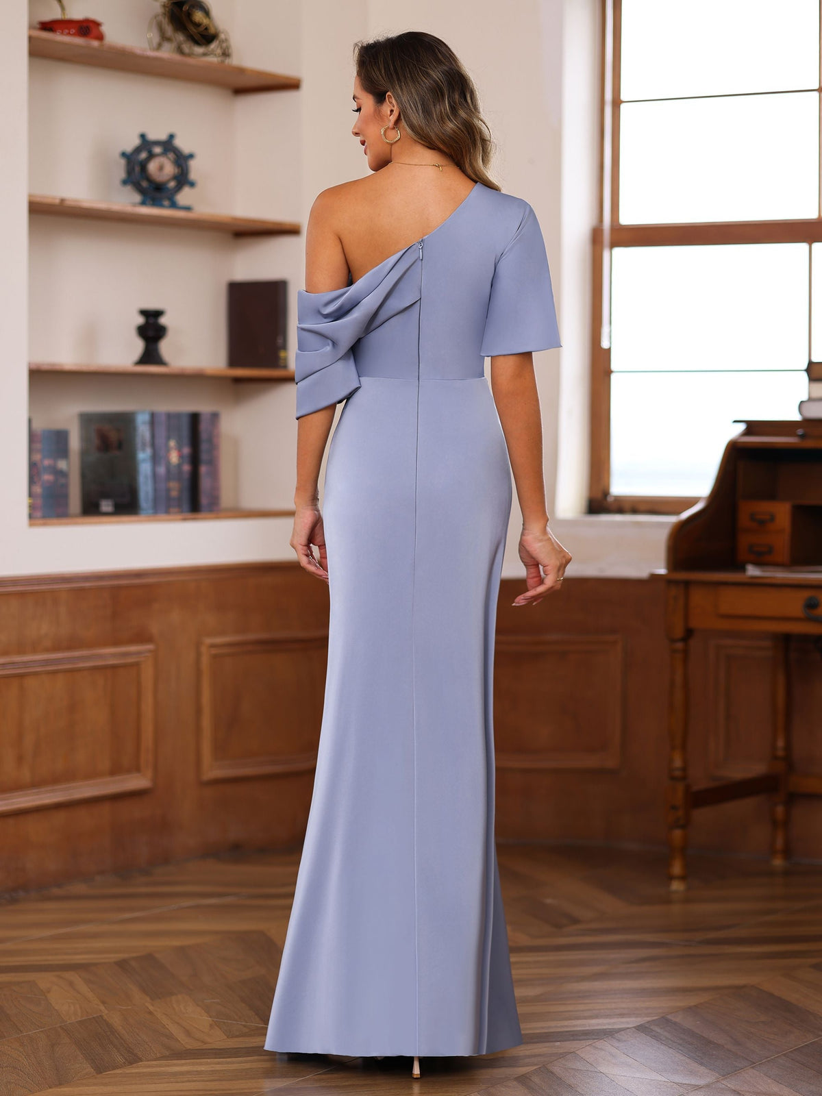 One Shoulder Silk Satin Gown with Ruffles for the Mother of the Bride