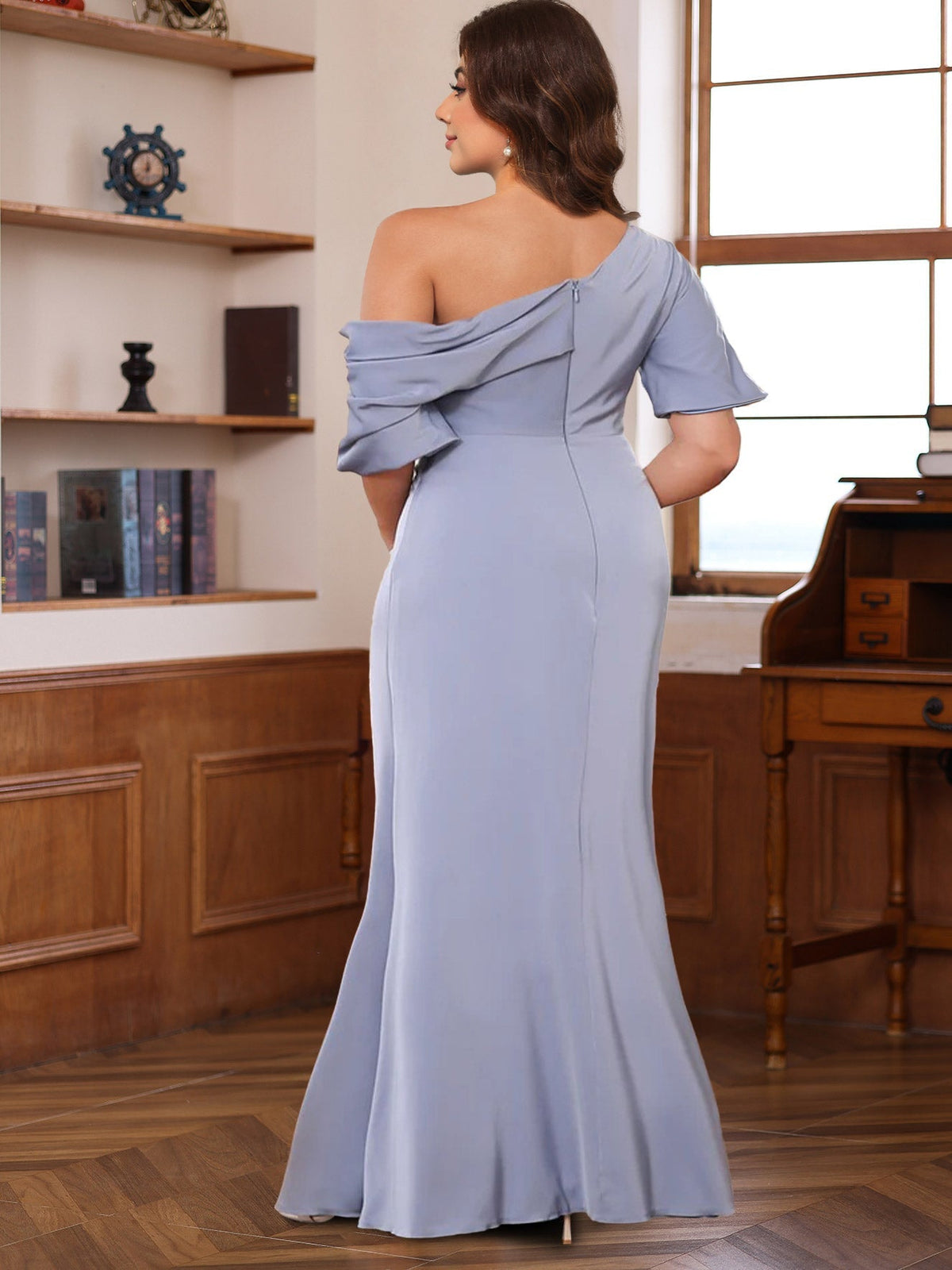 One Shoulder Silk Satin Gown with Ruffles for the Mother of the Bride
