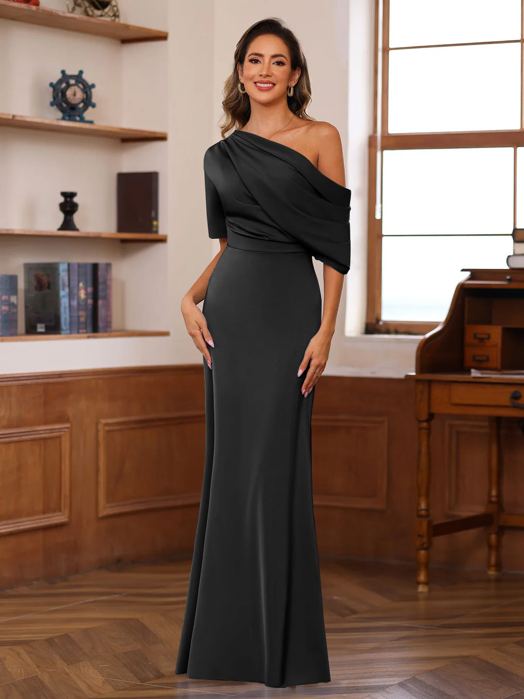 One Shoulder Silk Satin Gown with Ruffles for the Mother of the Bride