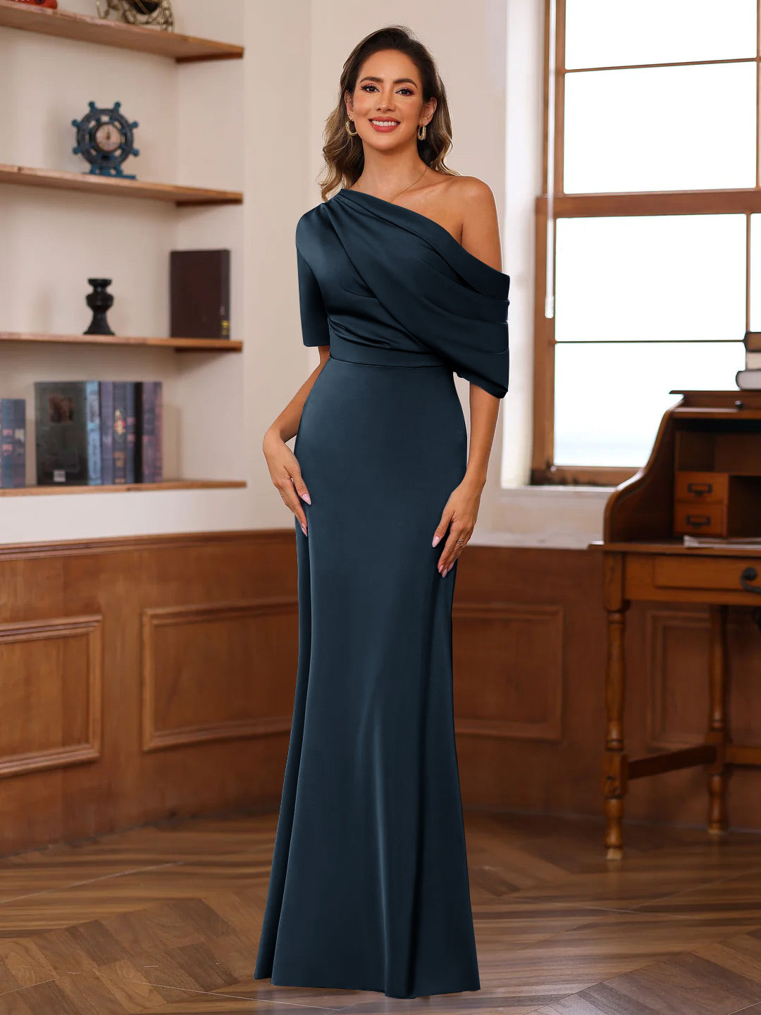 One Shoulder Silk Satin Gown with Ruffles for the Mother of the Bride
