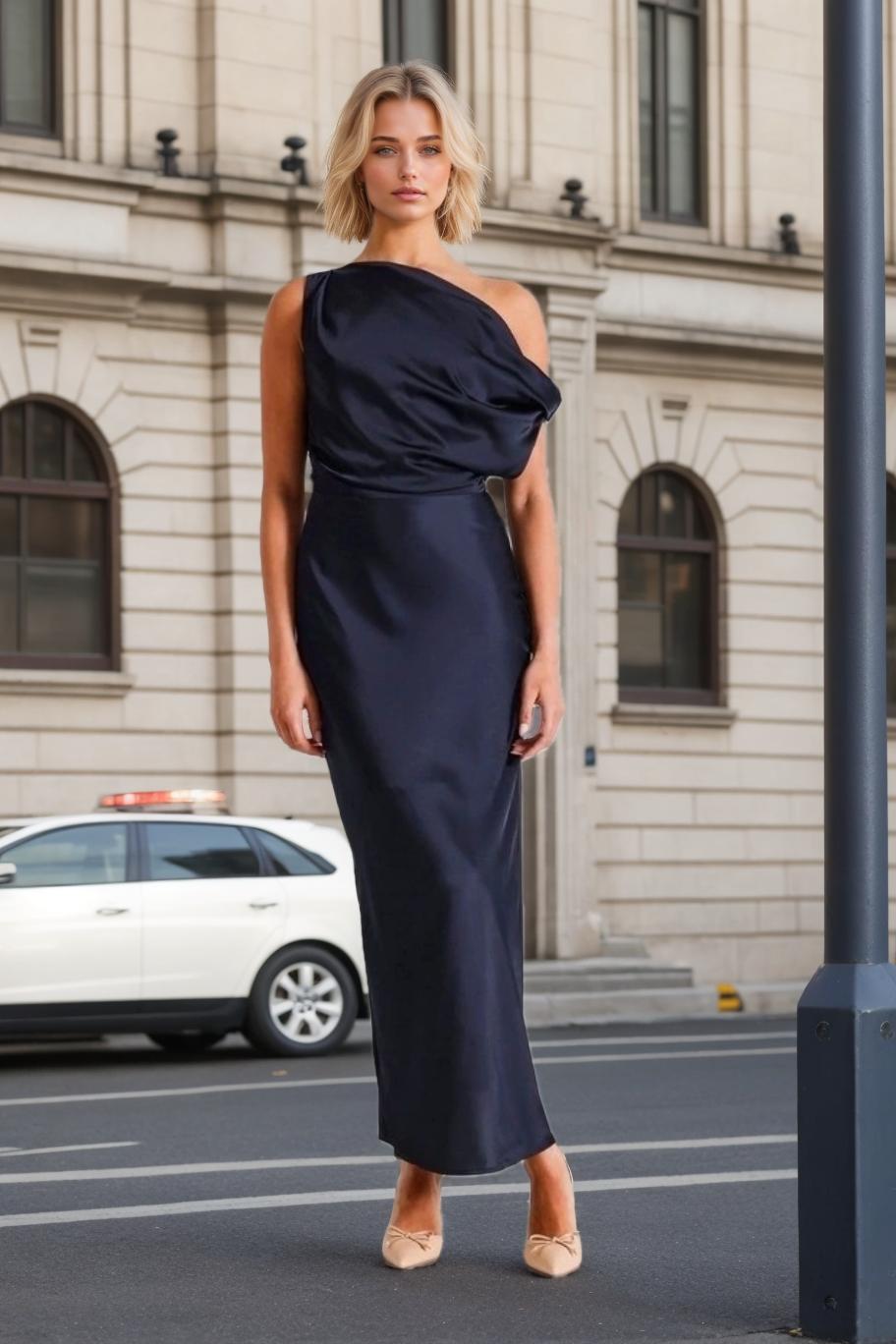 One Shoulder Sleeveless Ankle Length Ruffled Mother of the Bride Sheath Dress