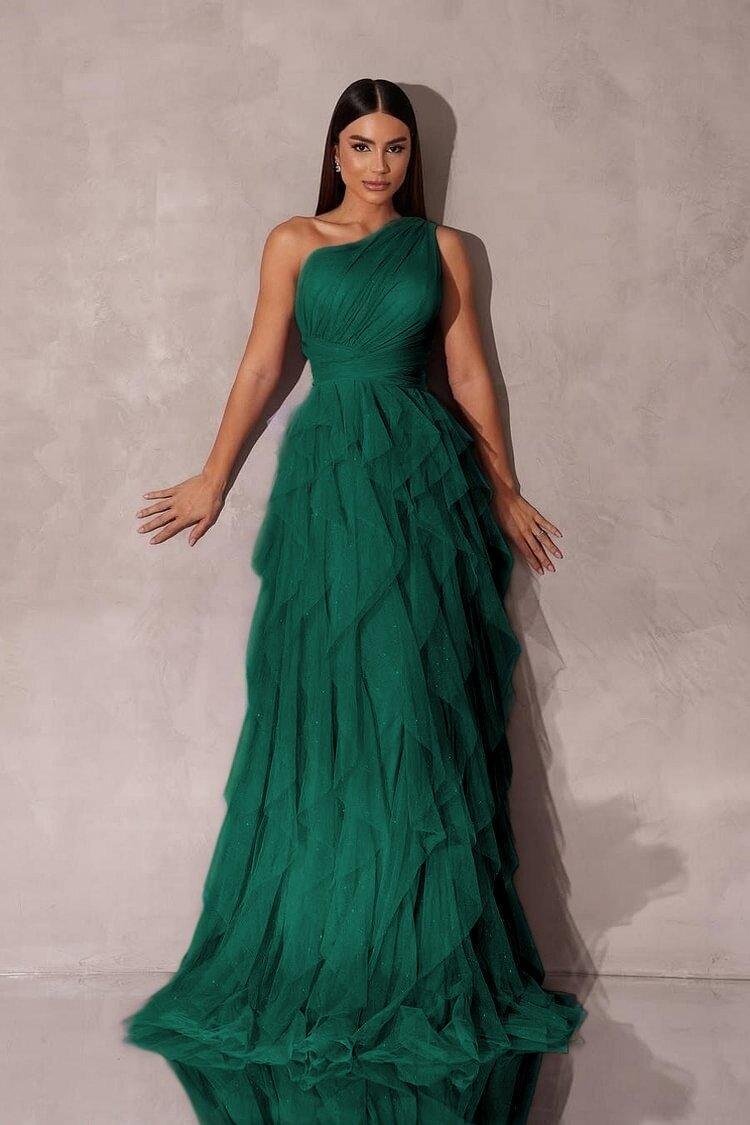 One Shoulder Sleeveless Long Evening Formal Dress With Tulle Ruffle