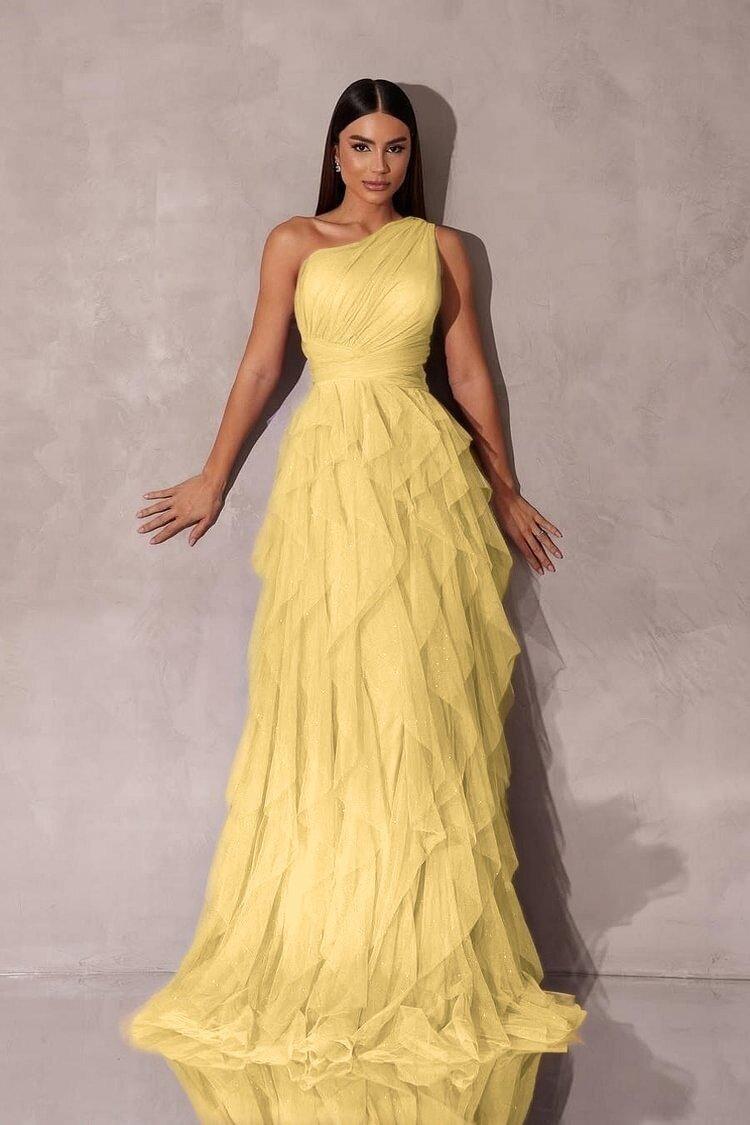 One Shoulder Sleeveless Long Evening Formal Dress With Tulle Ruffle