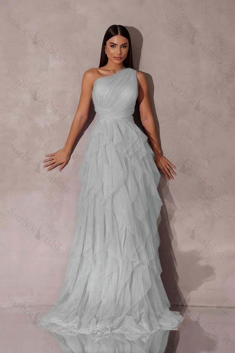 One Shoulder Sleeveless Long Evening Formal Dress With Tulle Ruffle