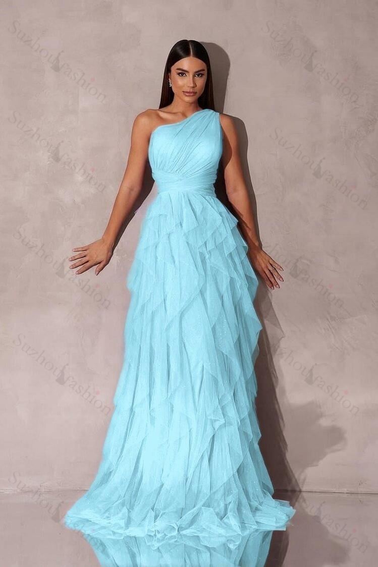 One Shoulder Sleeveless Long Evening Formal Dress With Tulle Ruffle