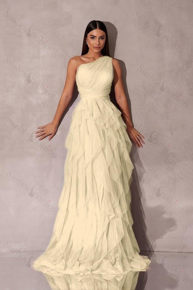 One Shoulder Sleeveless Long Evening Formal Dress With Tulle Ruffle