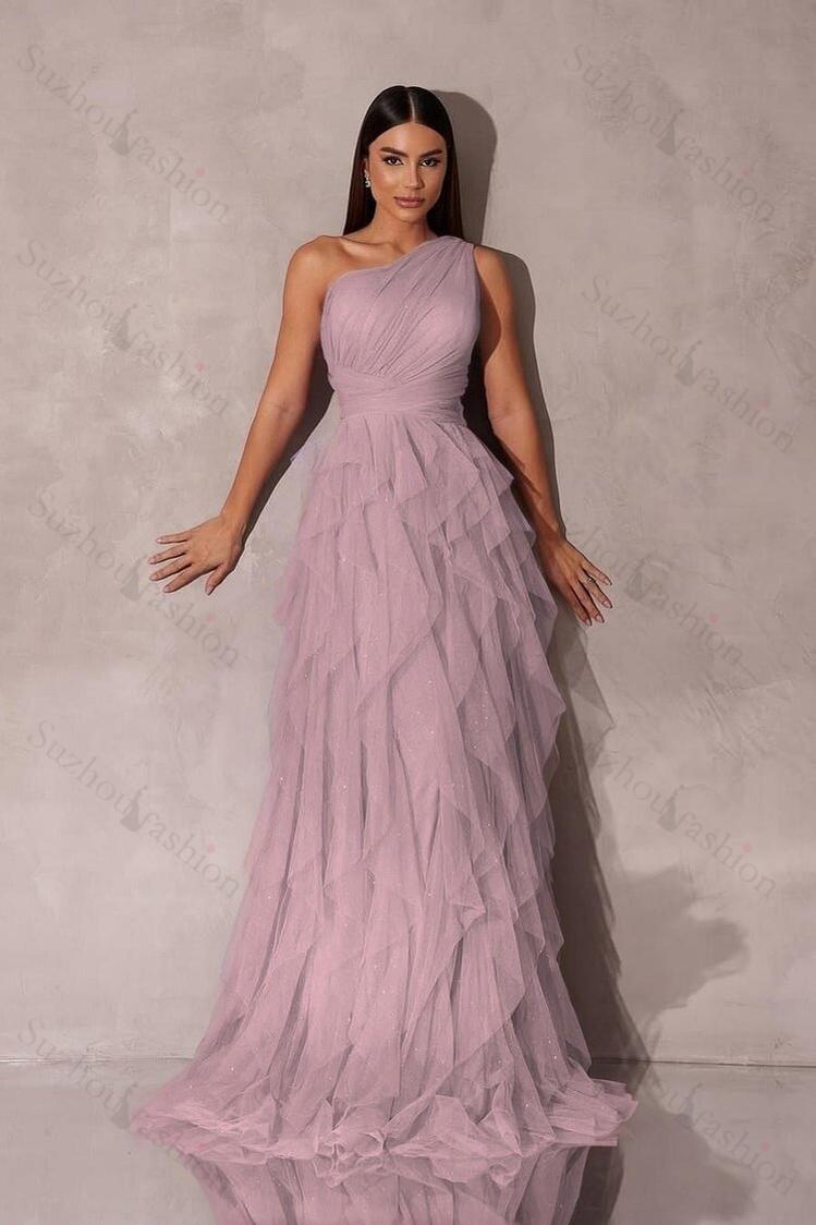 One Shoulder Sleeveless Long Evening Formal Dress With Tulle Ruffle