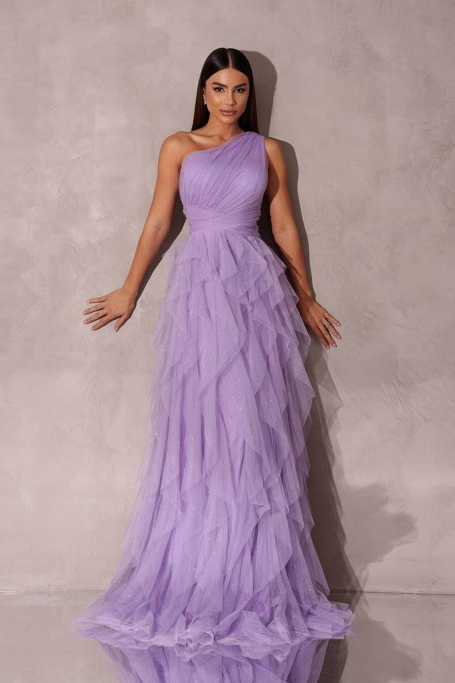 One Shoulder Sleeveless Long Evening Formal Dress With Tulle Ruffle