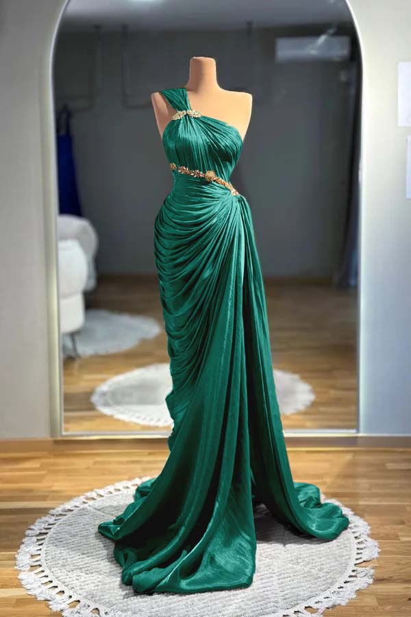 One Shoulder Sleeveless Long Mermaid Evening Formal Dress With Pleated