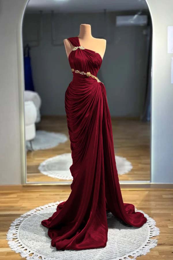 One Shoulder Sleeveless Long Mermaid Evening Formal Dress With Pleated