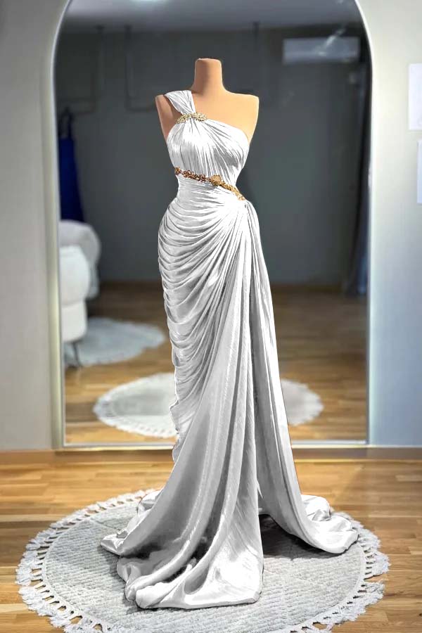 One Shoulder Sleeveless Long Mermaid Evening Formal Dress With Pleated
