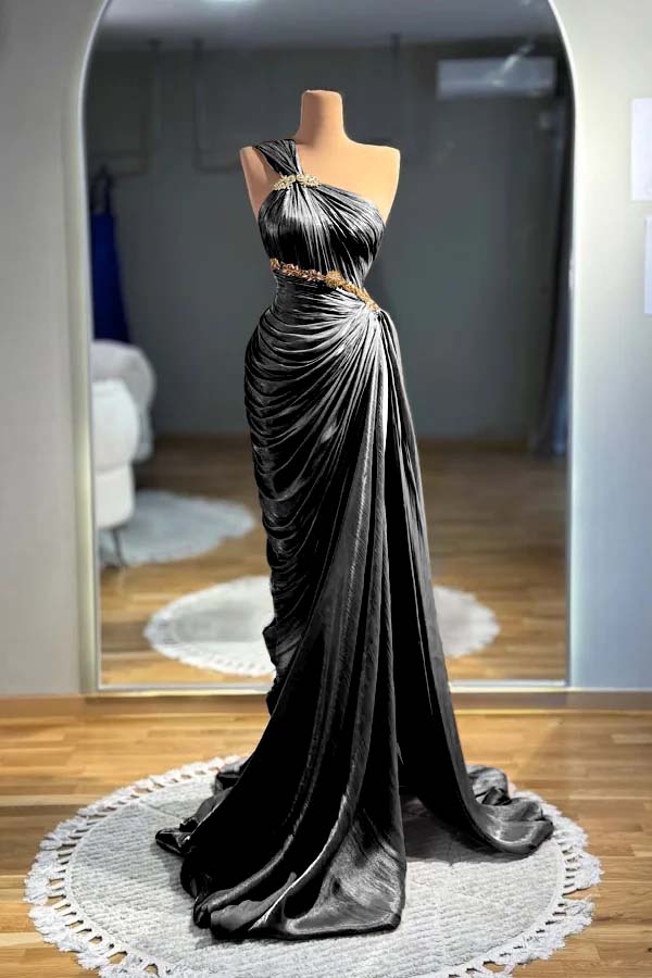 One Shoulder Sleeveless Long Mermaid Evening Formal Dress With Pleated