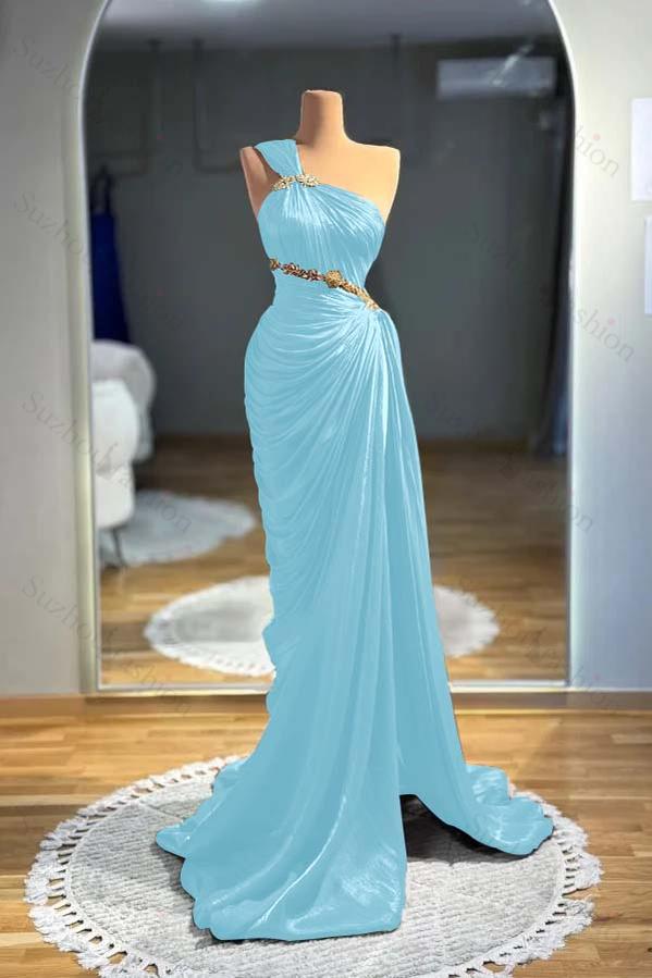 One Shoulder Sleeveless Long Mermaid Evening Formal Dress With Pleated