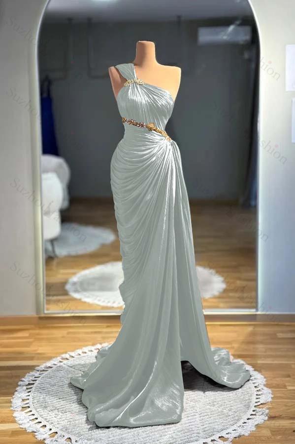 One Shoulder Sleeveless Long Mermaid Evening Formal Dress With Pleated