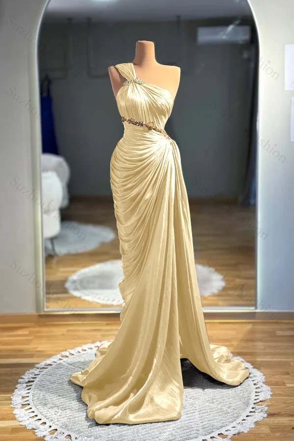 One Shoulder Sleeveless Long Mermaid Evening Formal Dress With Pleated