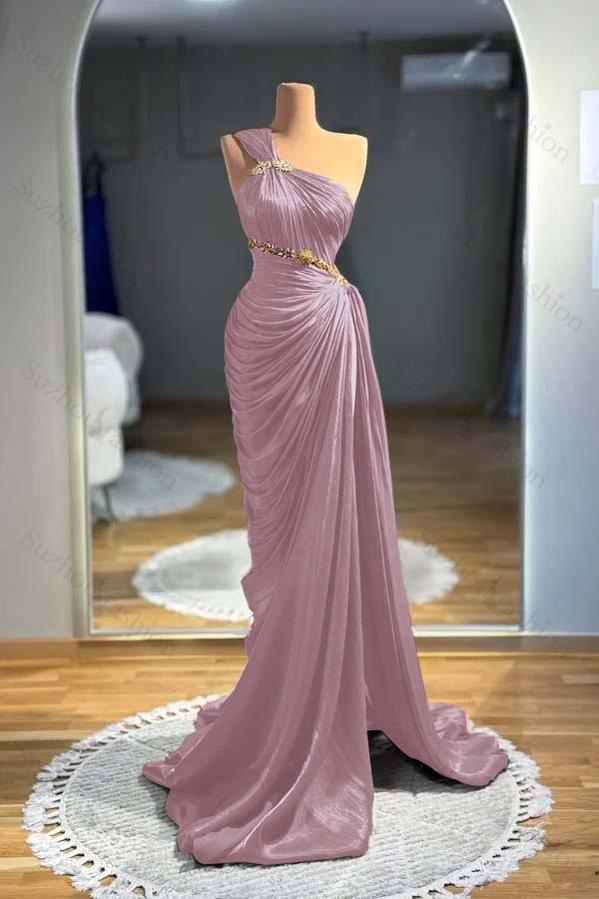 One Shoulder Sleeveless Long Mermaid Evening Formal Dress With Pleated