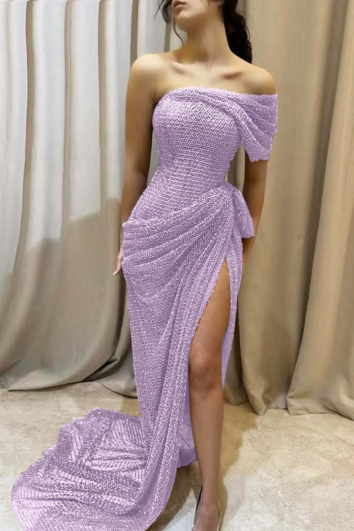 One Shoulder Sleeveless Long Mermaid Evening Formal Dress With Split Pleated