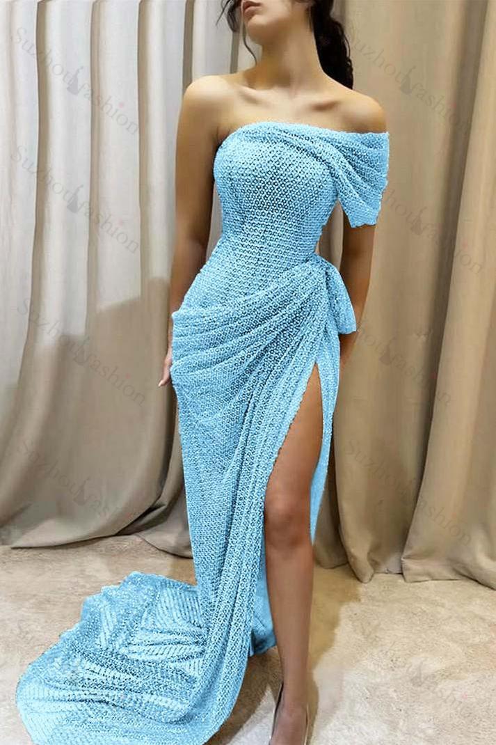 One Shoulder Sleeveless Long Mermaid Evening Formal Dress With Split Pleated