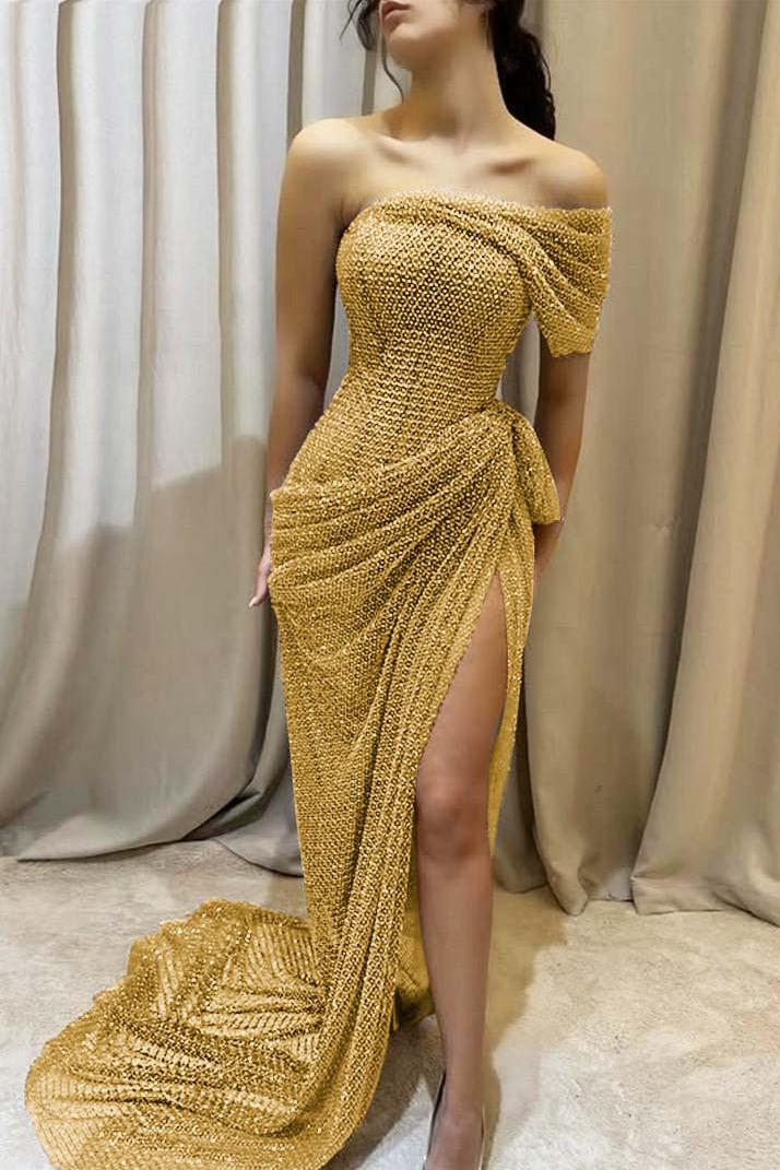 One Shoulder Sleeveless Long Mermaid Evening Formal Dress With Split Pleated