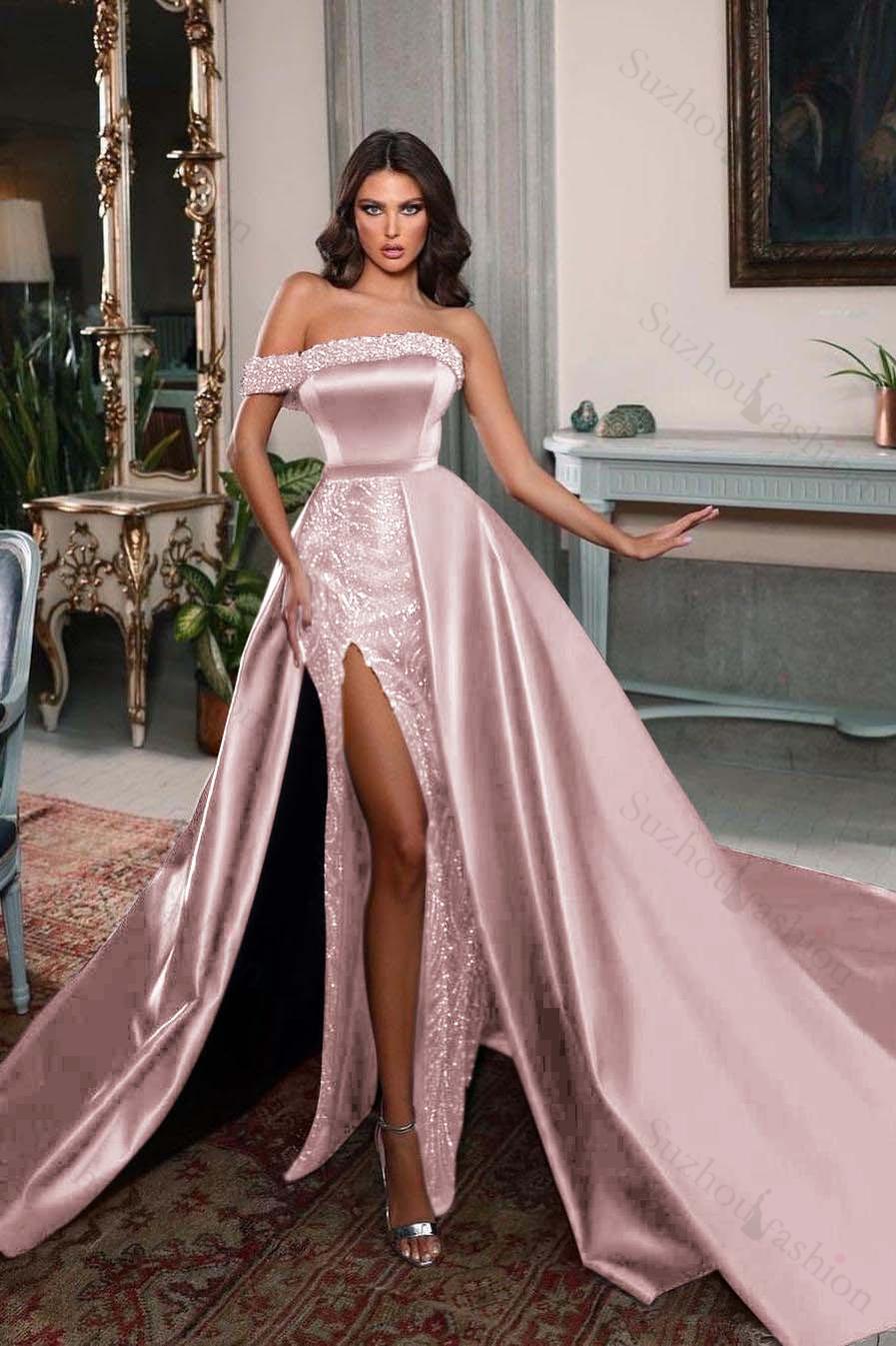 One Shoulder Sleeveless Long Split Evening Formal Dress With Pleated Beading
