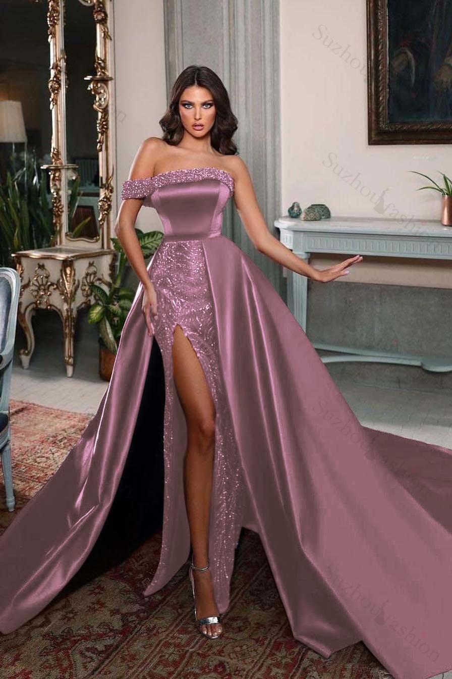 One Shoulder Sleeveless Long Split Evening Formal Dress With Pleated Beading