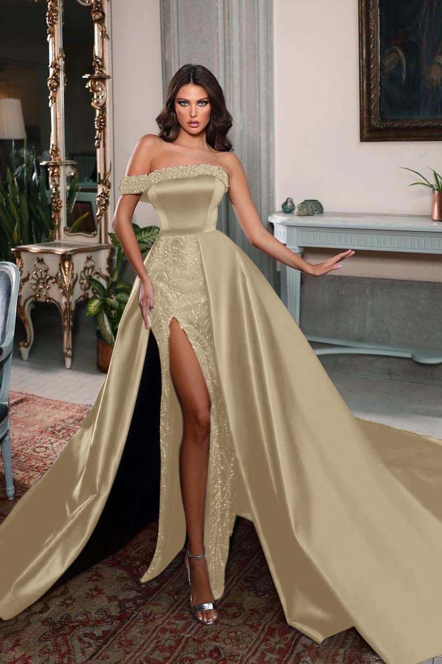 One Shoulder Sleeveless Long Split Evening Formal Dress With Pleated Beading