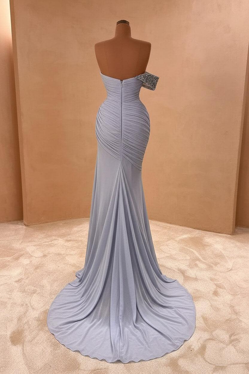 One Shoulder Sleeveless Long Split Evening Formal Dress With Pleated Sequined