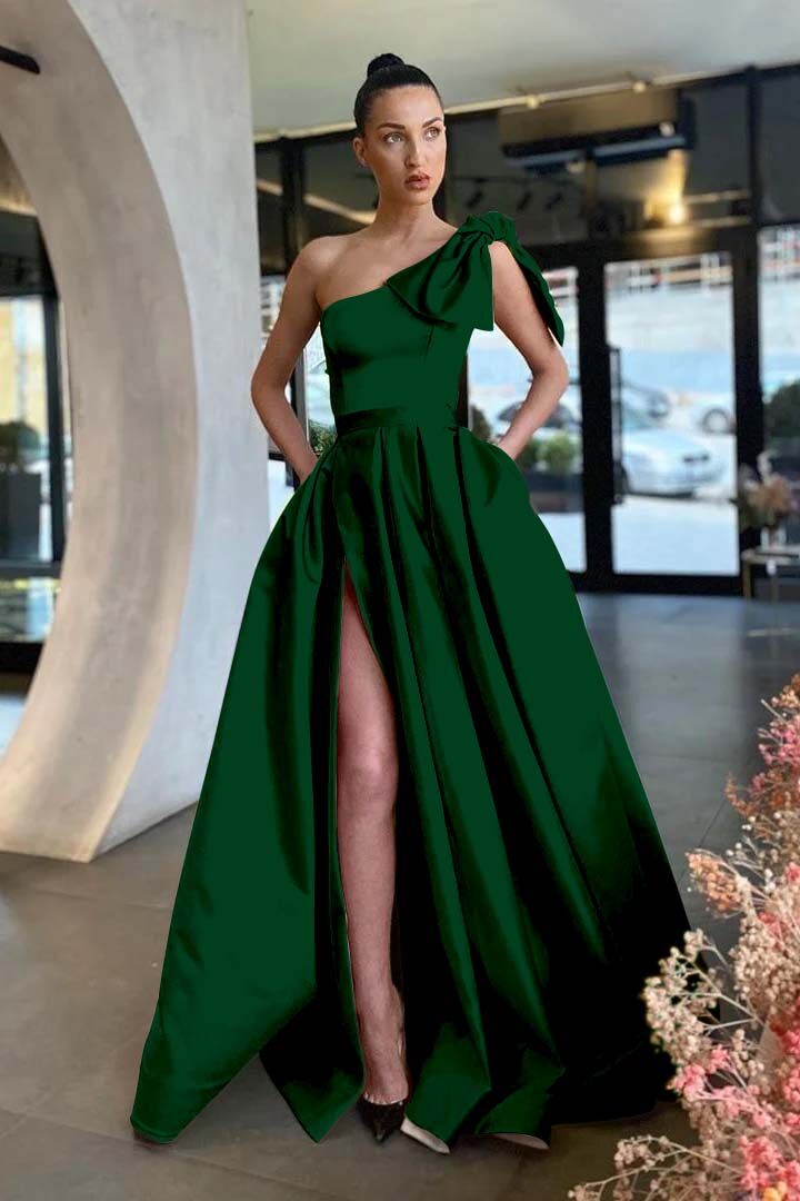 One Shoulder Sleeveless Long Split Evening Formal Dress With Pockets Pleated