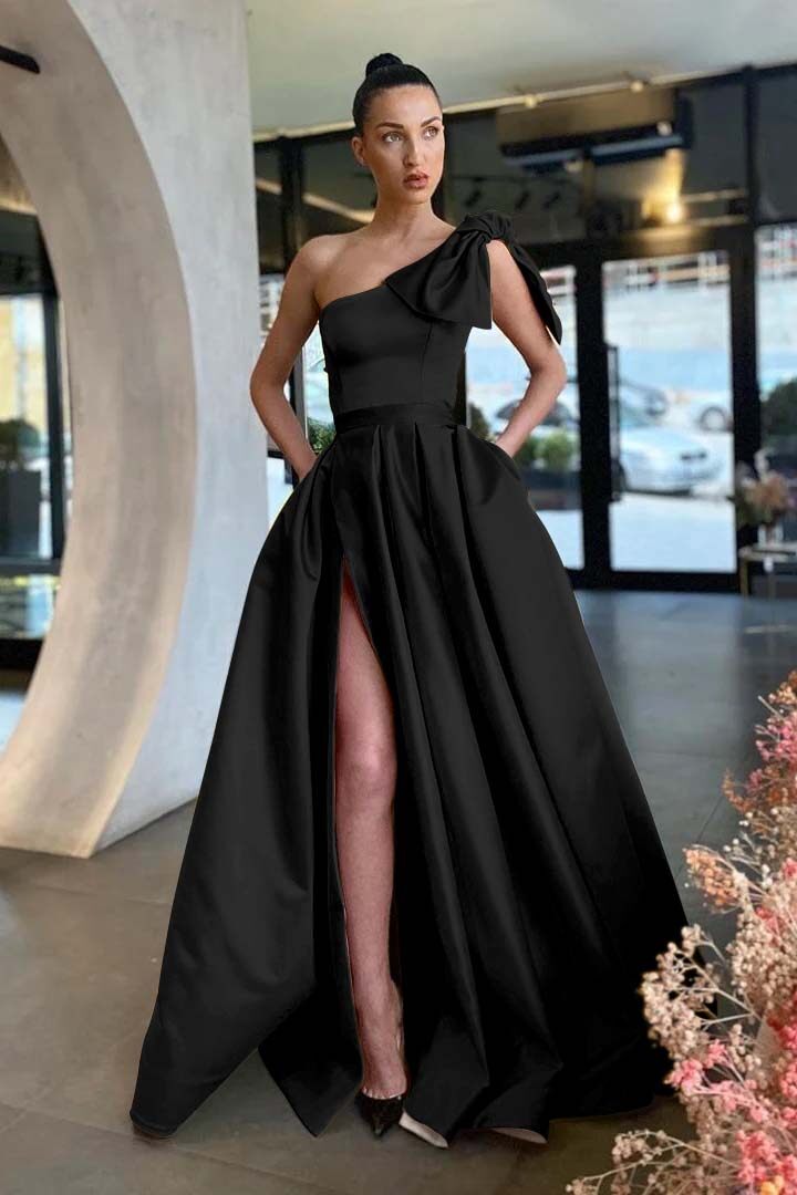 One Shoulder Sleeveless Long Split Evening Formal Dress With Pockets Pleated