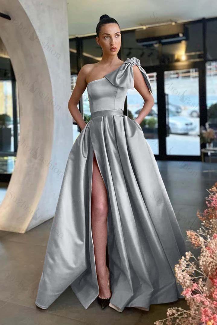One Shoulder Sleeveless Long Split Evening Formal Dress With Pockets Pleated