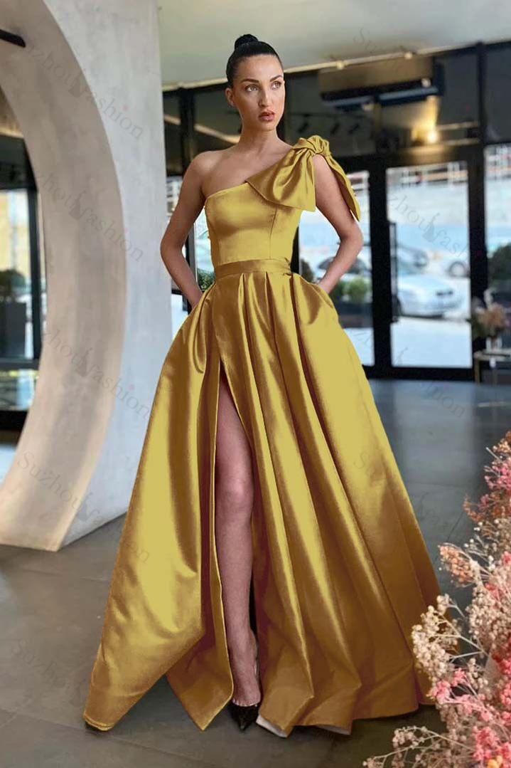 One Shoulder Sleeveless Long Split Evening Formal Dress With Pockets Pleated