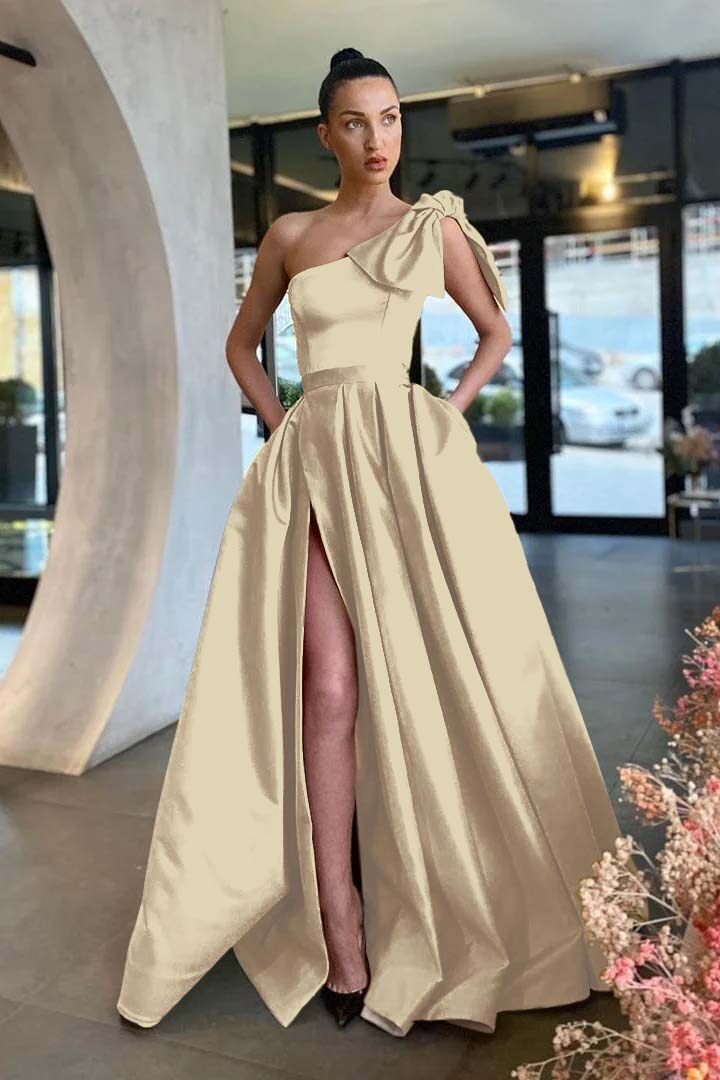 One Shoulder Sleeveless Long Split Evening Formal Dress With Pockets Pleated
