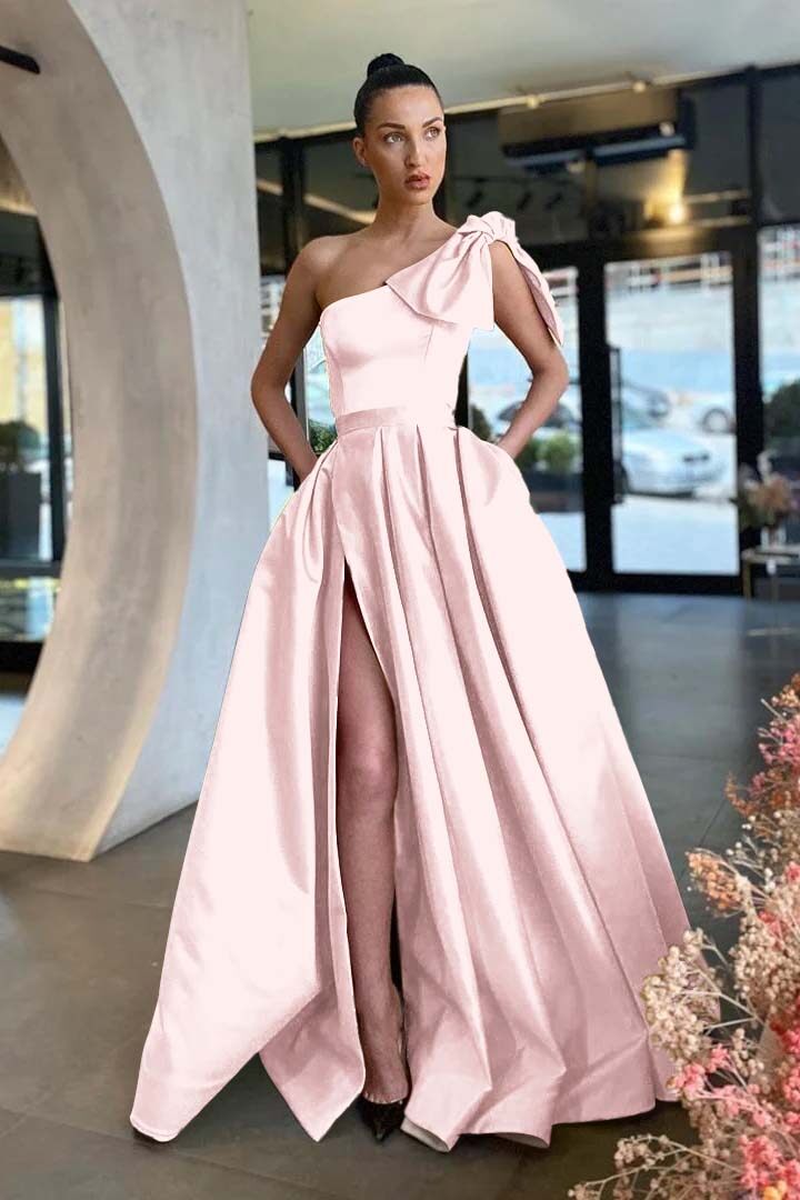 One Shoulder Sleeveless Long Split Evening Formal Dress With Pockets Pleated