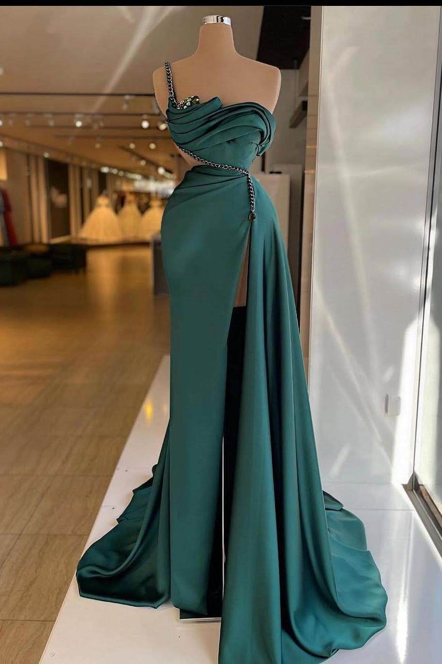 One Shoulder Sleeveless Mermaid Split Long Evening Formal Dress With Beading