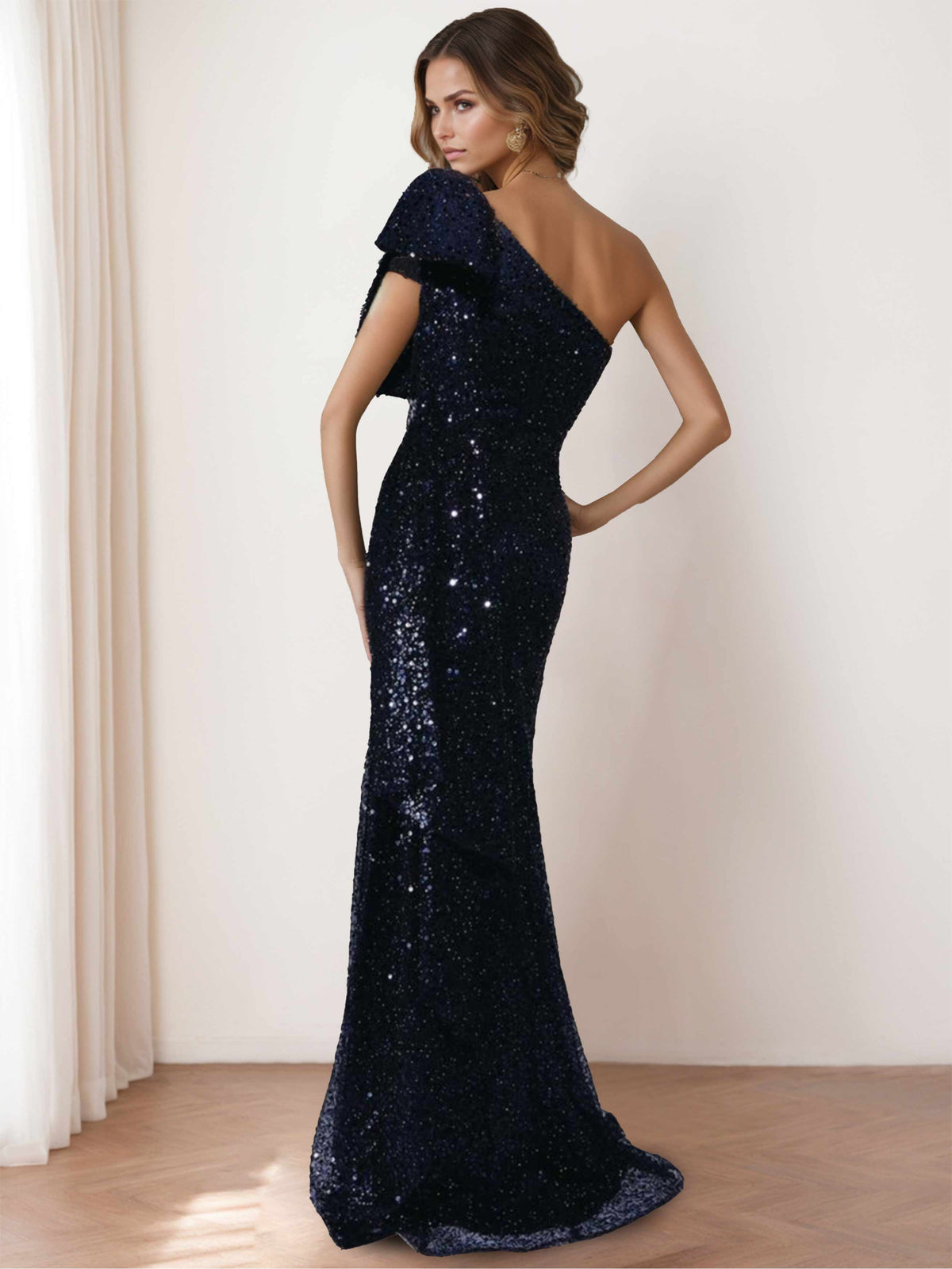 One Shoulder Sleeveless Mermaid Trumpet Long Mother of the Bride Dress with Bow and Side Ruffle