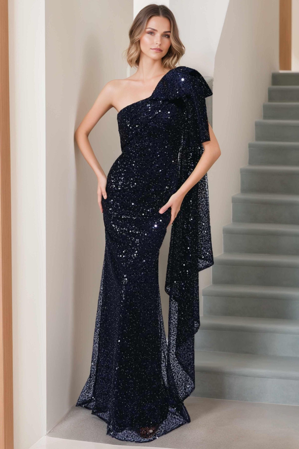 One Shoulder Sleeveless Mermaid Trumpet Long Mother of the Bride Dress with Bow and Side Ruffle
