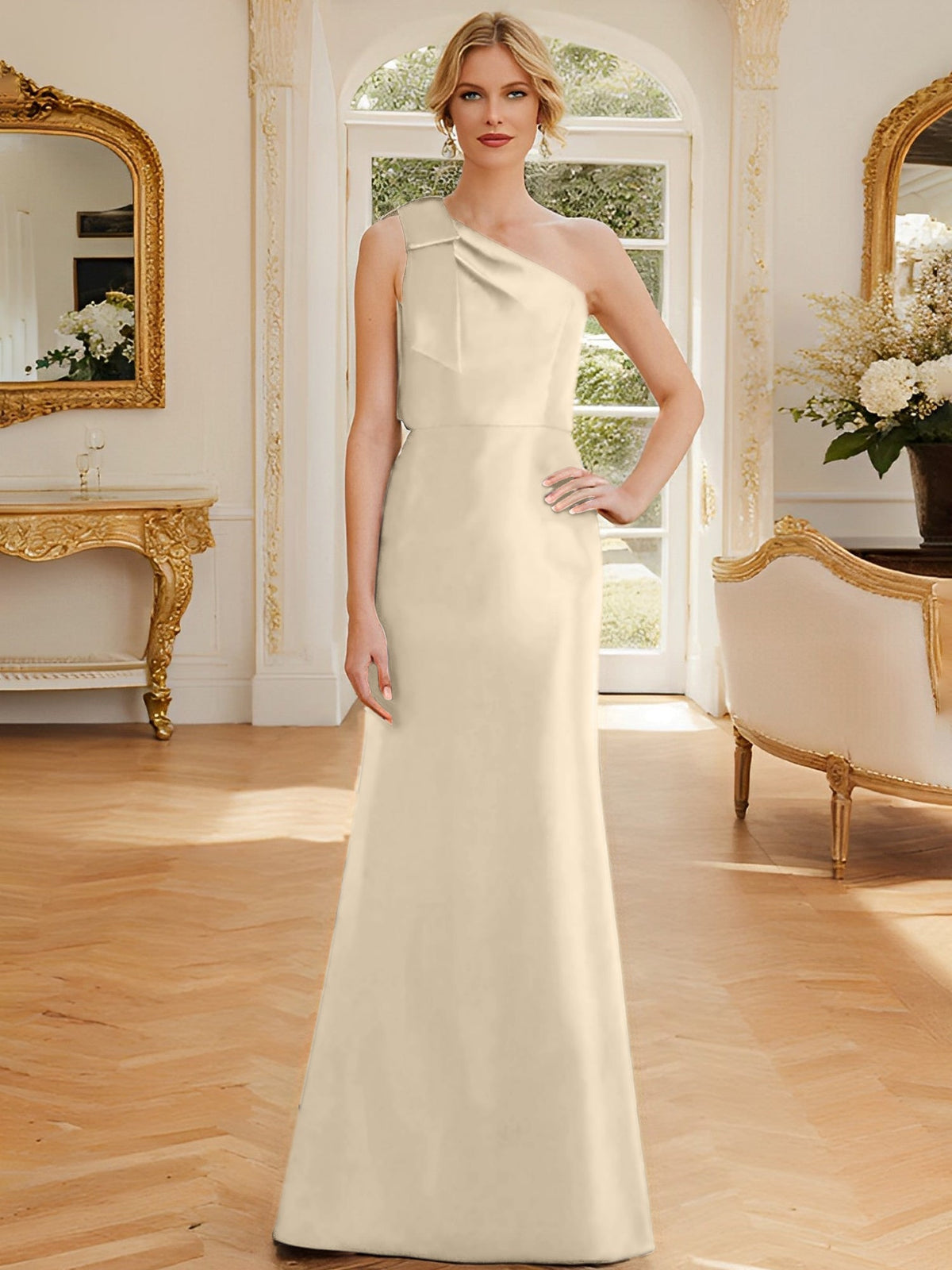 One Shoulder Sleeveless Satin Mother of the Bride Dress with Bowknot Sheath Column