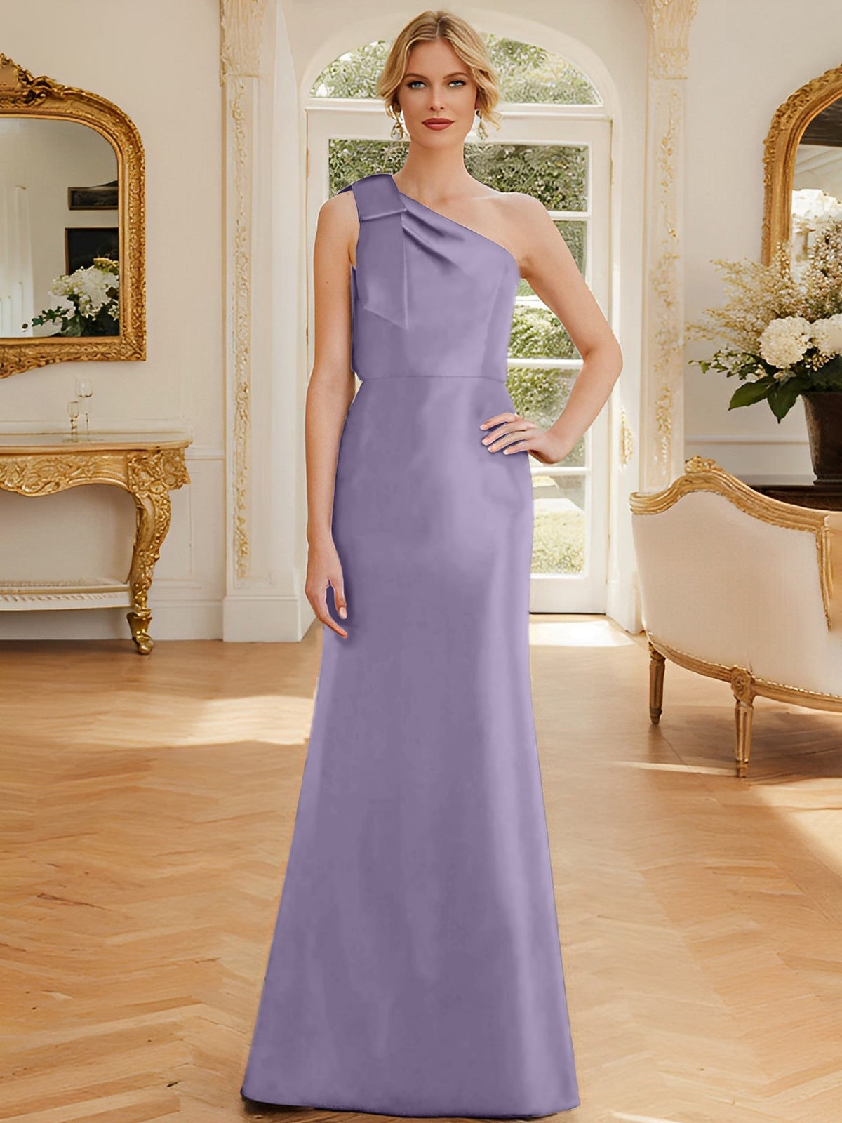 One Shoulder Sleeveless Satin Mother of the Bride Dress with Bowknot Sheath Column