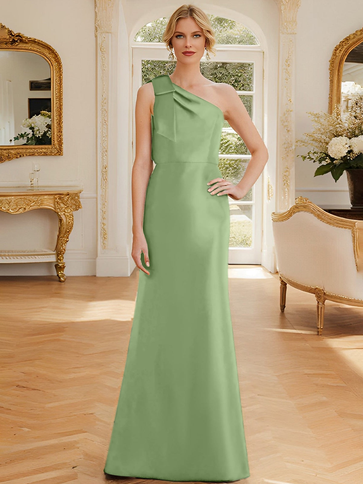One Shoulder Sleeveless Satin Mother of the Bride Dress with Bowknot Sheath Column