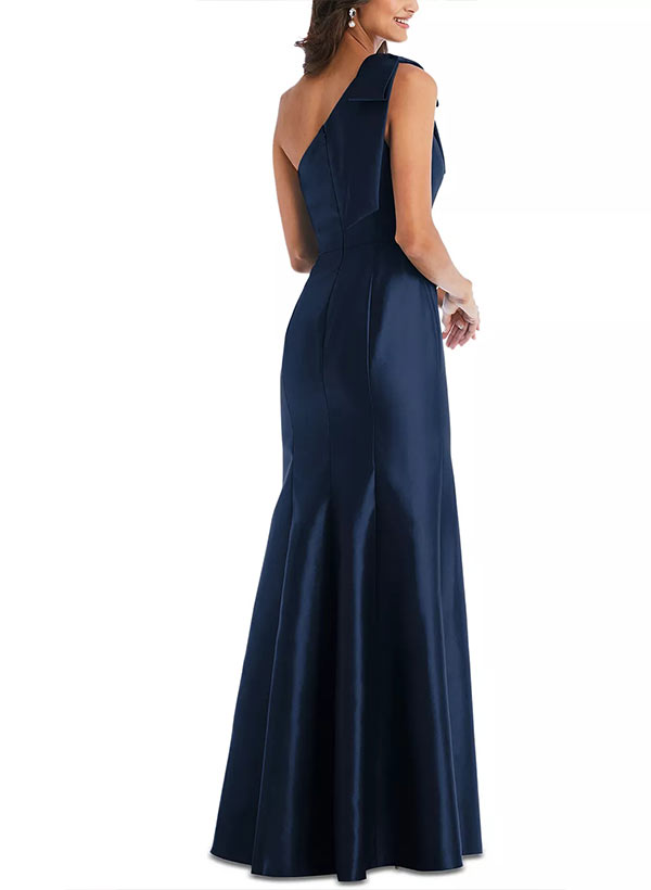 One Shoulder Sleeveless Satin Mother of the Bride Dress with Bowknot Sheath Column