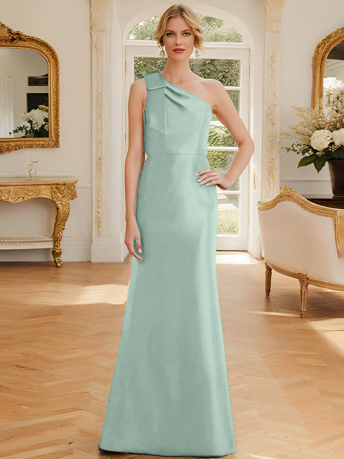 One Shoulder Sleeveless Satin Mother of the Bride Dress with Bowknot Sheath Column